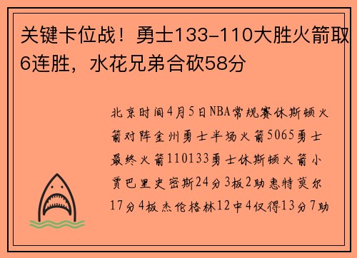 关键卡位战！勇士133-110大胜火箭取6连胜，水花兄弟合砍58分